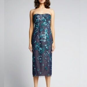 Marchesa Notte Embroidered Tea Length Dress Navy